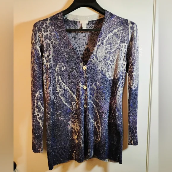 Chico’s Cardigan Size 1 Blue Purple Paisley Button Front Stretch Top - Picture 3 of 10